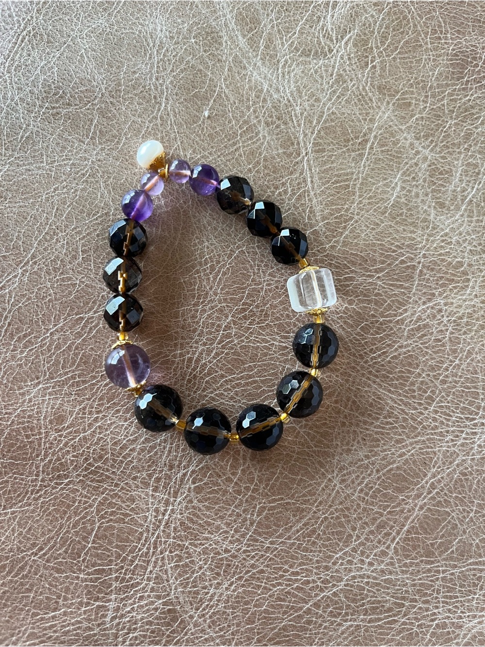 Smokey quartz, amethyst, natural pearl, and clear quartz stretch bracelet